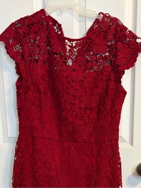Ralph Lauren Crimson Floral Poinsettia Detai Lace Cap-Sleeve Midi Dress